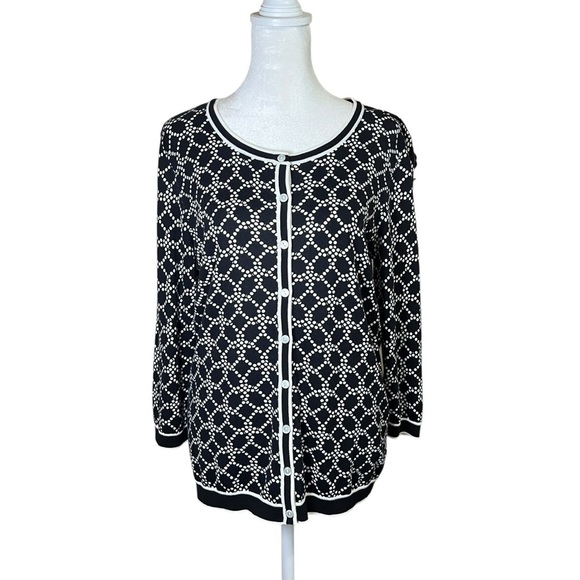 Talbots Charming Cardigan Geo Pearl Black White Button-up Light Sweater Sz Med - Picture 2 of 11